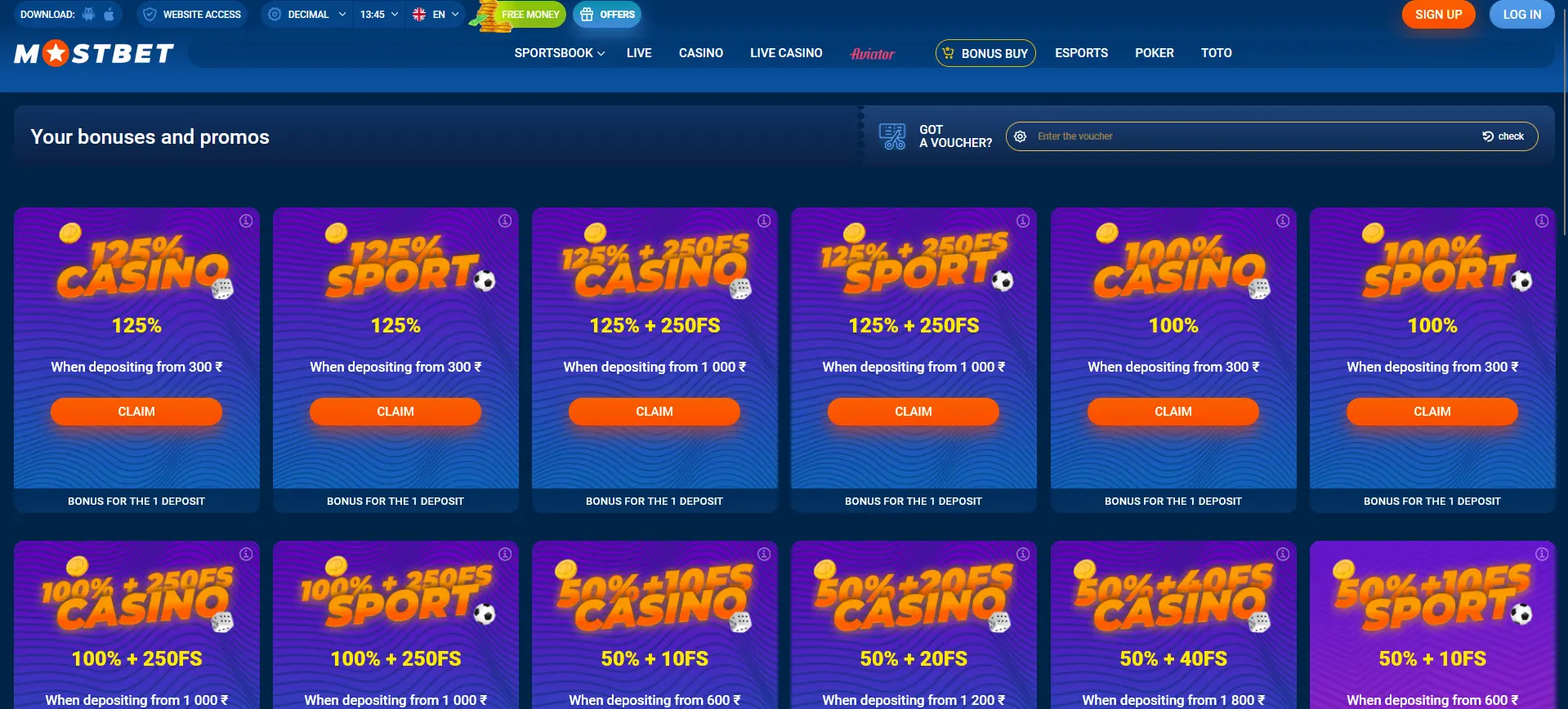 Deposit bonuses at Mostbet