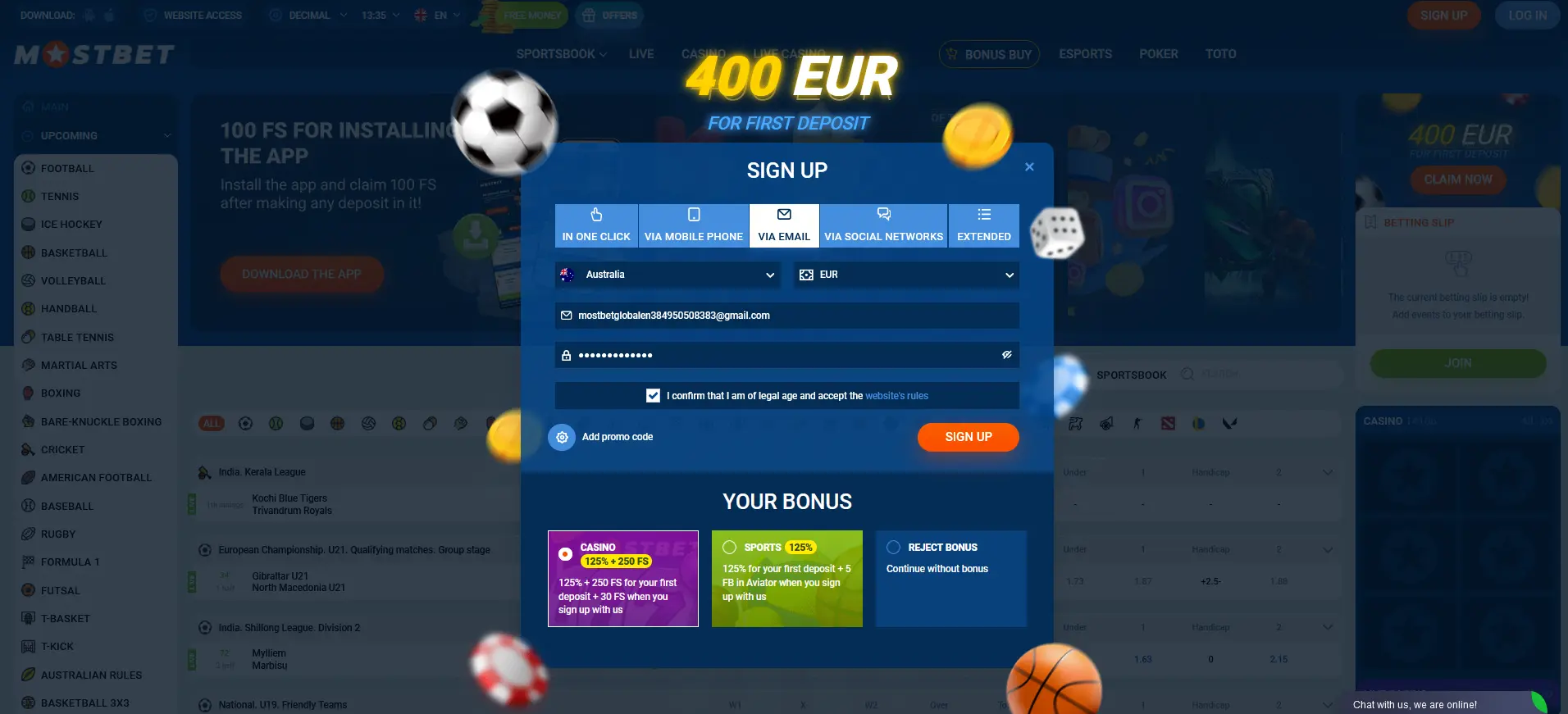 Registration by Email at Mostbet