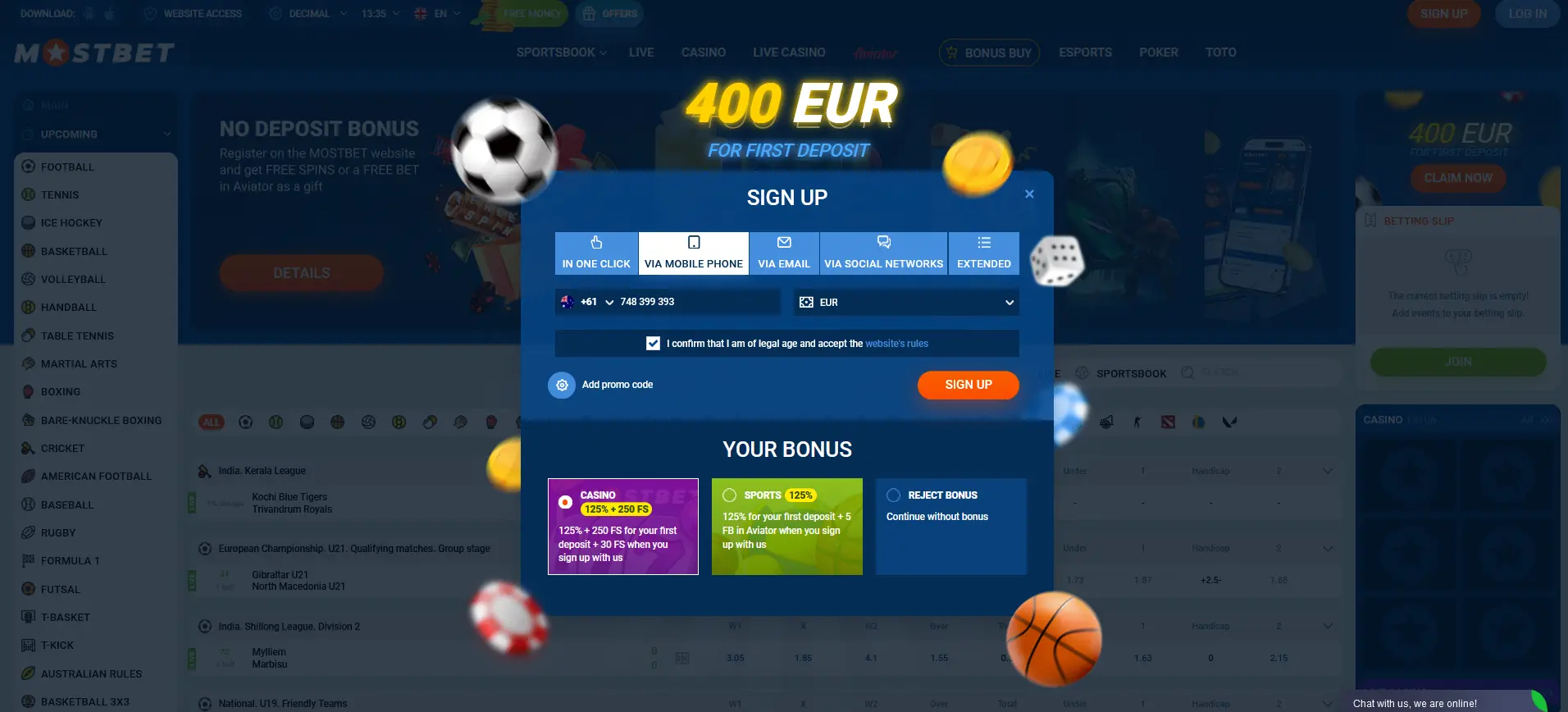 Registration by phone number at Mostbet