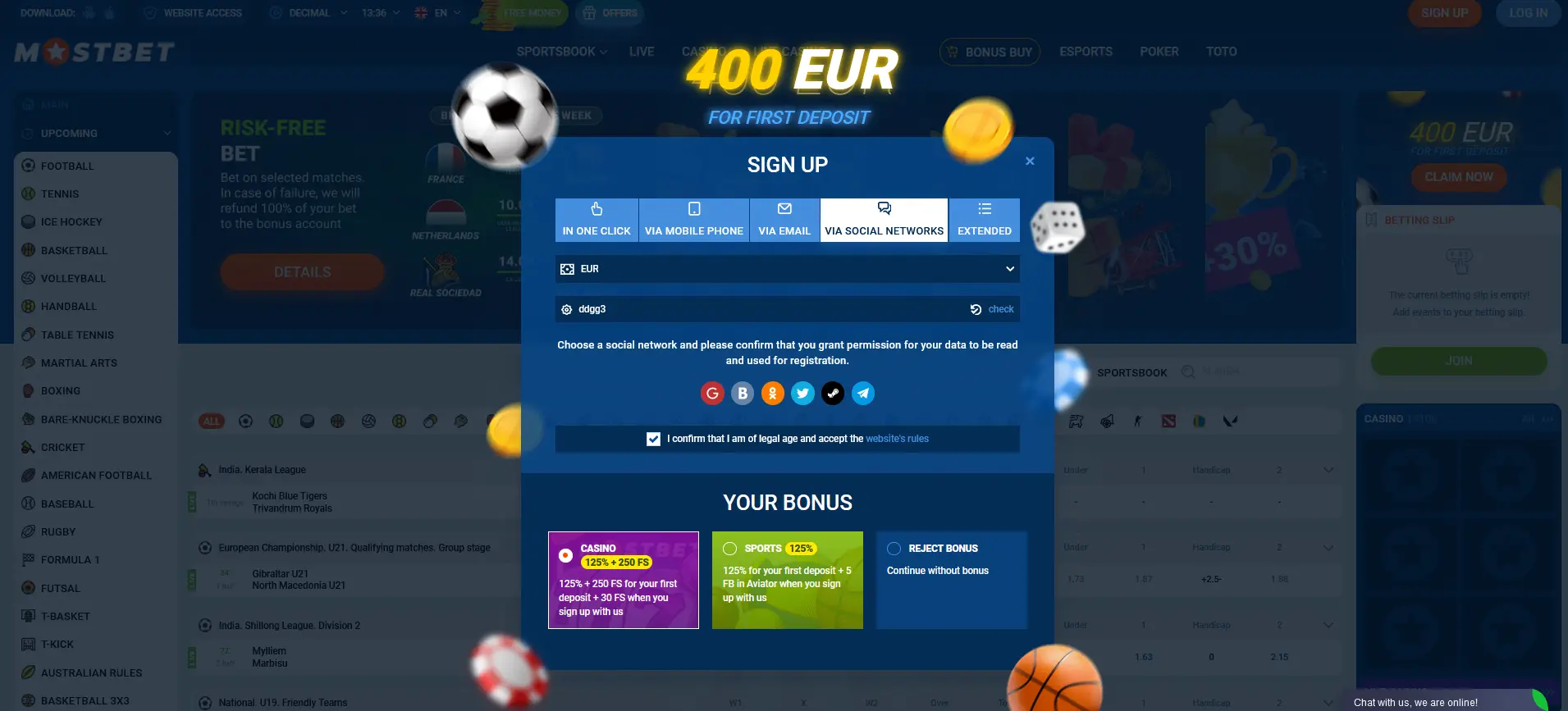 Registration via social networks at Mostbet