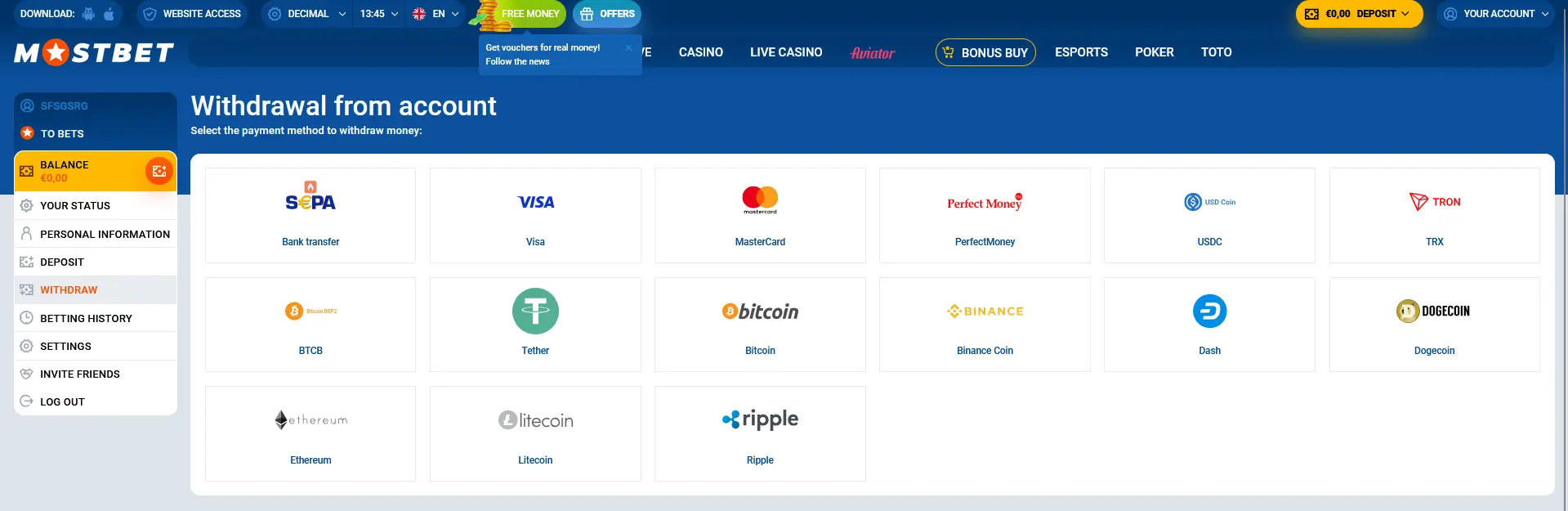 Withdrawal at Mostbet