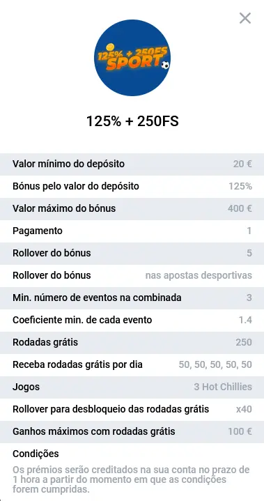 Bonus 125% + 250FS