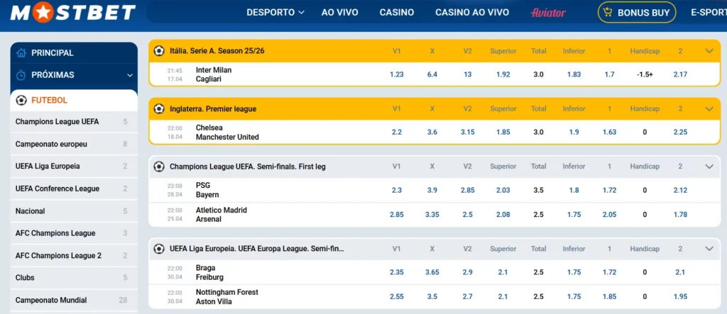 Linha de apostas de futebol na Mostbet