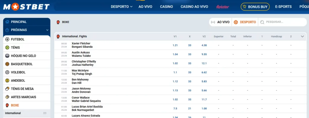 Linha de boxe na Mostbet