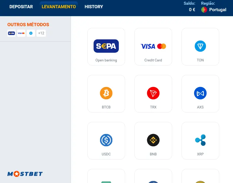Métodos Levantamento em Mostbet
