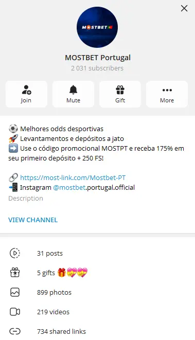MOSTBET Portugal em Telegram