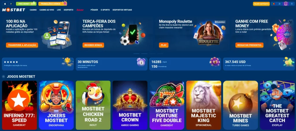 Página inicial da Mostbet