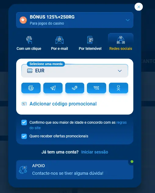 Registe-se na Mostbet através das redes sociais.