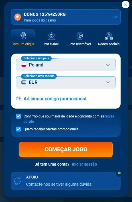 Registo com um clique na Mostbet