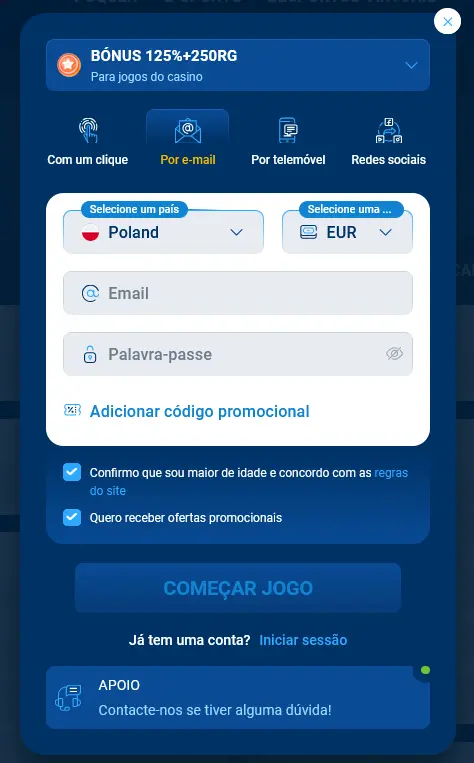 Registo por e-mail na Mostbet