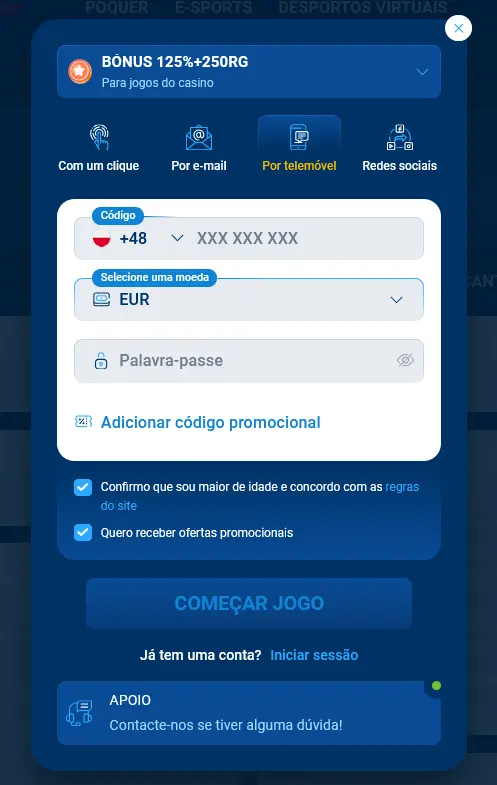 Registo por número de telefone na Mostbet